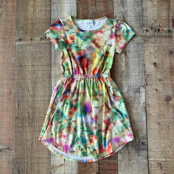 Lularoe Girls Floral Tie-Dye Dress Size 6 Elastic Waist Short Sleeve Knee Length - Picture 1 of 6